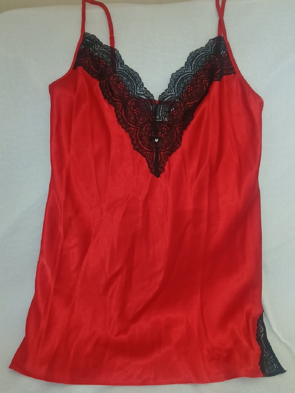 Victoria's Secret Red Satin Chemise with Black Lace Trim